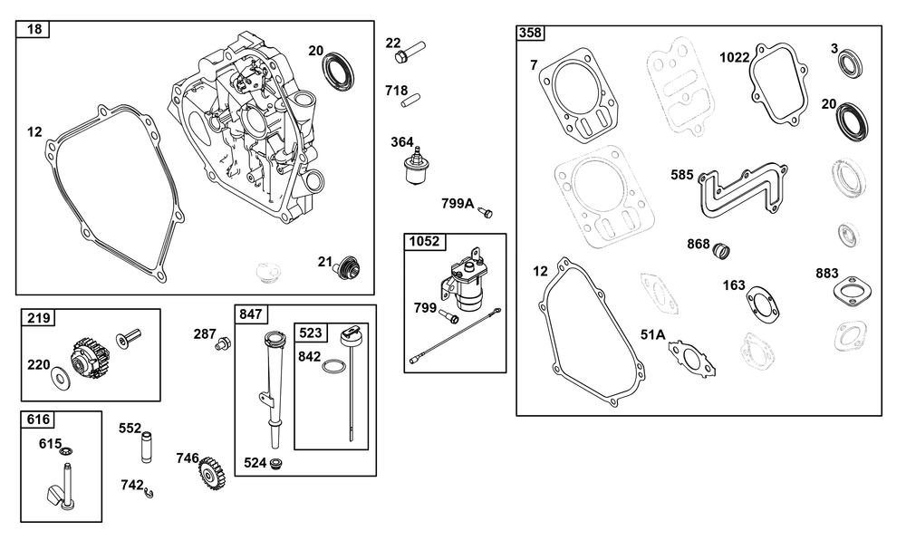 Crankcase Cover/Sump And Lubrication Group Diagram and Parts List for 15T232-1850-F1 100000 - 19Z999 Briggs and Stratton Engine